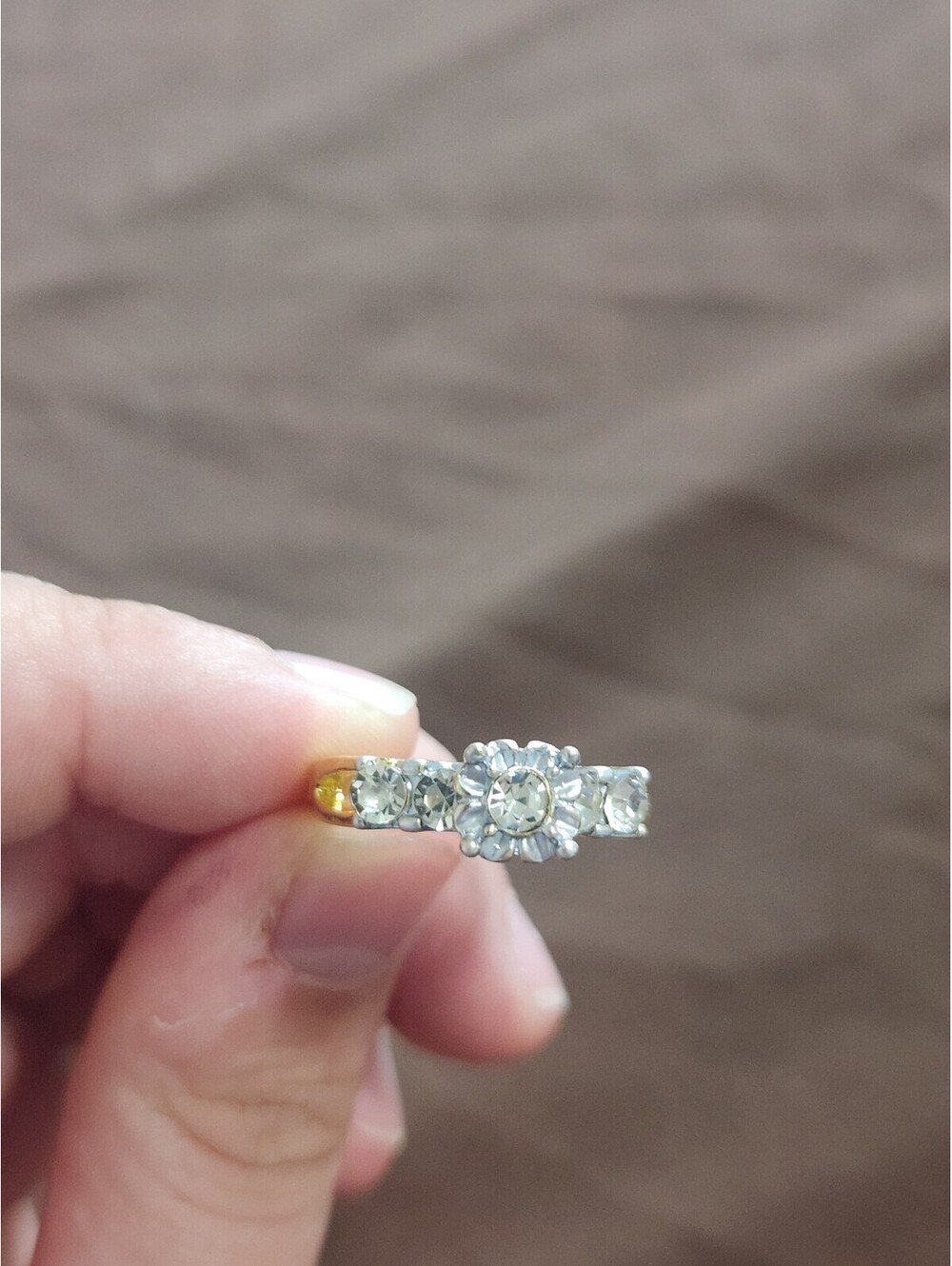 Vintage Style Gold Tone and Silver Tone Ring with Clear Stones Size 9